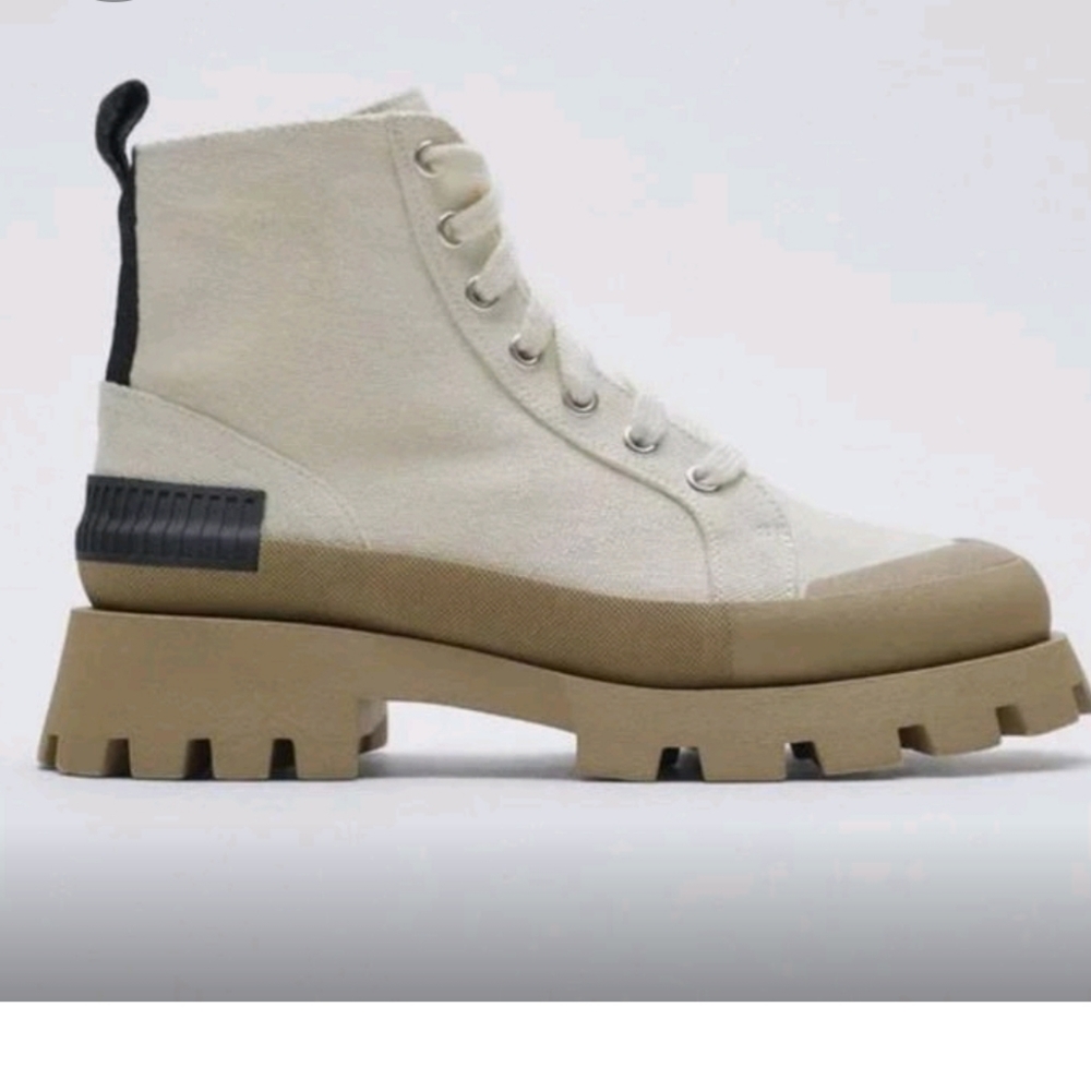 ZARA LOW HEEL LACED CANVAS FABRIC ANKLE BOOTS